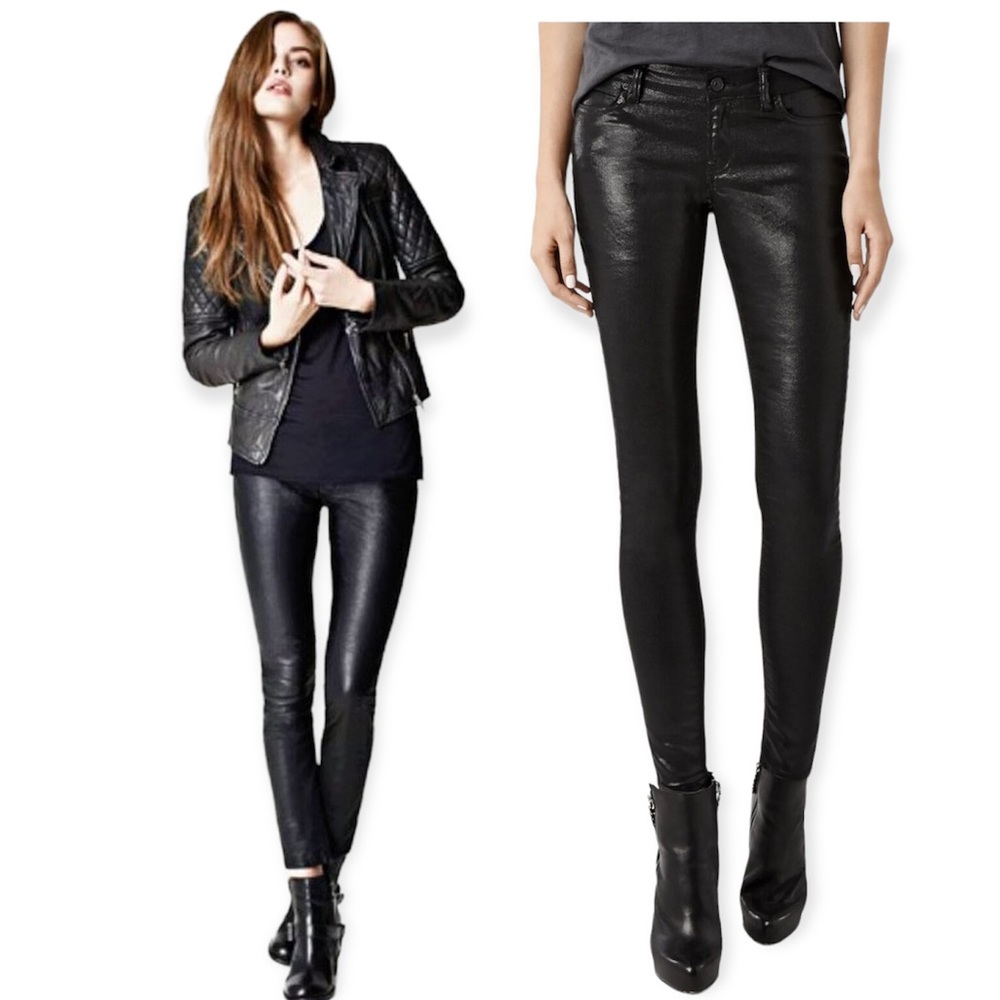All Saints Brodie Petrol Coated Black Low Rise Cropped Skinny Jeans size 29